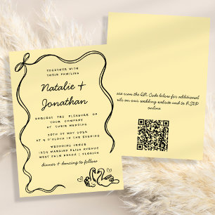 Invitation Mariage de code QR jaune noir rétro Doodles Swans