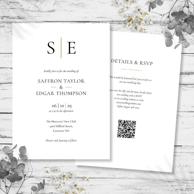 Invitation Mariage de code QR Noir Monogram Gold (Monogram Gold Black QR Code Wedding Invitation)