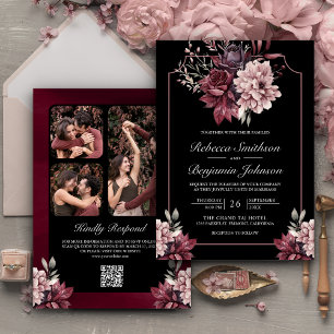 Invitation Mariage de code QR noir Moody Floral Frame noir