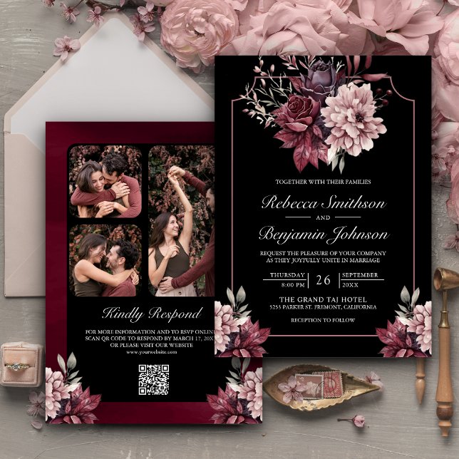 Invitation Mariage de code QR noir Moody Floral Frame noir (Créateur téléchargé)