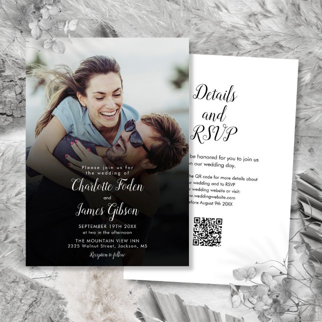Invitation Mariage de code QR photo de script moderne (Modern Script Photo QR Code Wedding Invitation)
