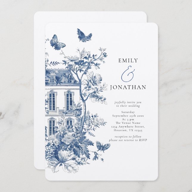Invitation Mariage de code QR Rustique Blue Toile De Jouy (Devant / Derrière)