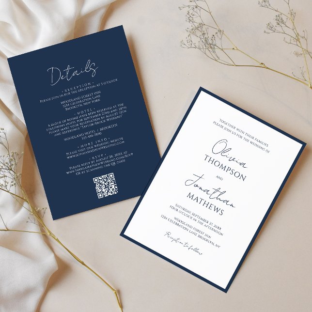 Invitation Mariage de code QR simple Navy Blue Border Script (Créateur téléchargé)