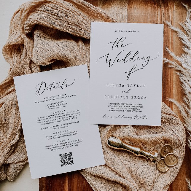 Invitation Mariage de code QR tout-en-un élégant noir (Delicate Black Elegant All In One QR Code Wedding Invitation)