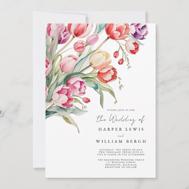 Invitation Mariage de code qr tulips aquarelle en cascade (Devant)