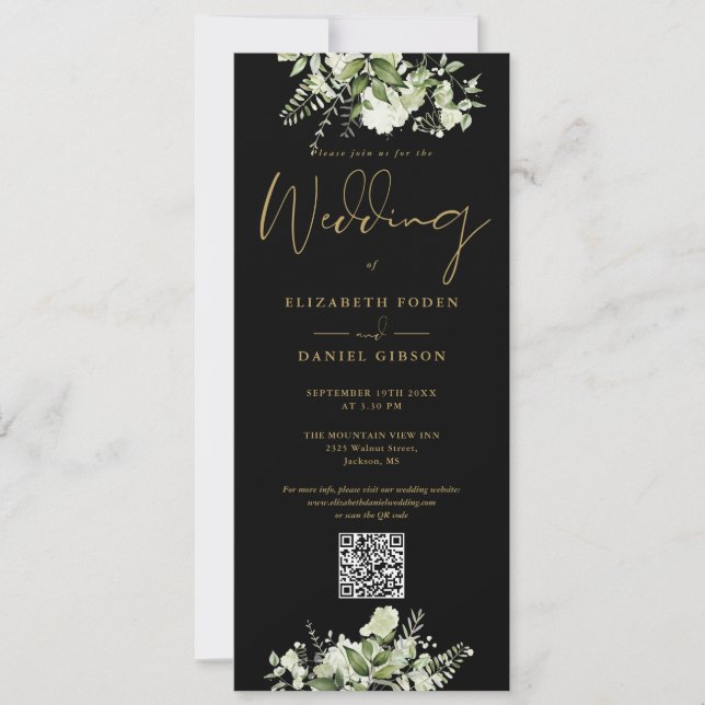 Invitation Mariage de code QR vert Floral Noir et Or (Devant)