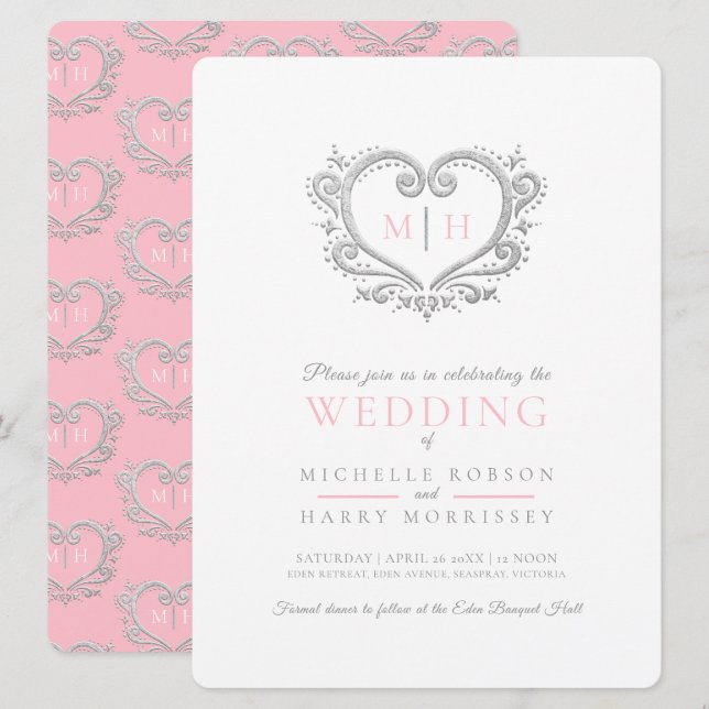 Invitation Mariage de coeur argenté rose et blanc (Devant / Derrière)