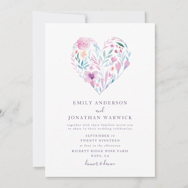Invitation Mariage de coeur botanique de fleurs d'aquarelle (Devant)