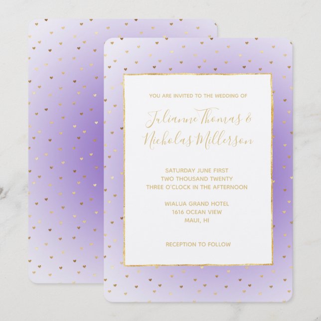 Invitation Mariage de coeur d'or violet Ombre (Devant / Derrière)