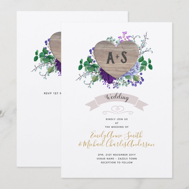 Invitation Mariage de coeur éternel bleu violet bleu floral K (Devant / Derrière)