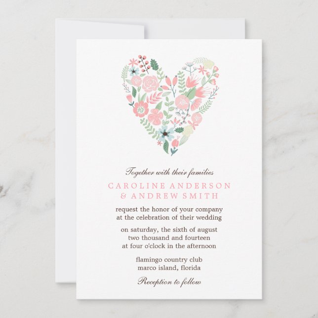 Invitation Mariage de coeur floral moderne (Devant)