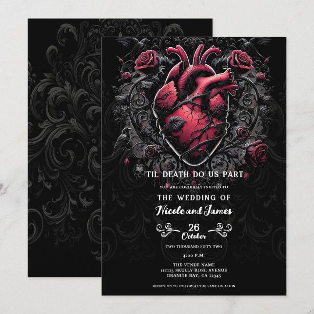 Invitation Mariage de coeur gothique noir et rouge (Devant / Derrière)