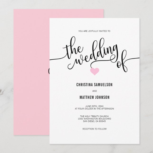 Invitation Mariage de coeur moderne noir blanc clair rose (Devant / Derrière)