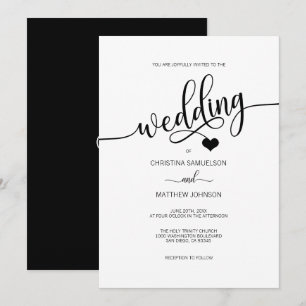 Invitation Mariage de coeur noir et blanc classique