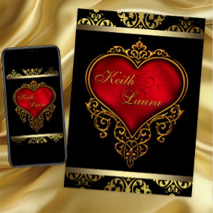Invitation Mariage de coeur rouge noir et or