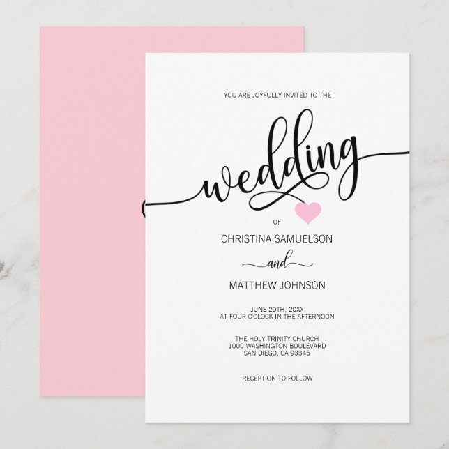 Invitation Mariage de coeur simple noir blanc rose (Devant / Derrière)