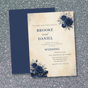 Invitation Mariage de coin de tissu de rose Navy élégant