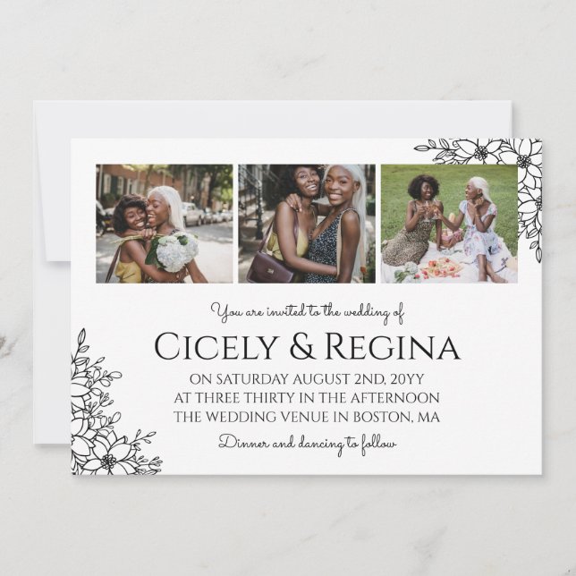 Invitation Mariage de collage de photos florales en noir blan (Devant)