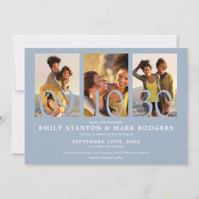 Invitation Mariage de collection photo Dusty Blue 3 moderne (Devant)