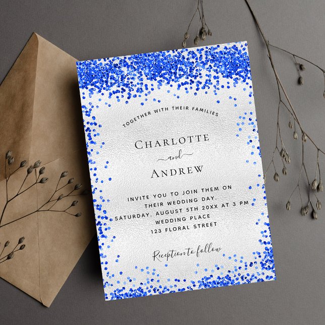 Invitation Mariage de confetti bleu roi d'argent (Créateur téléchargé)