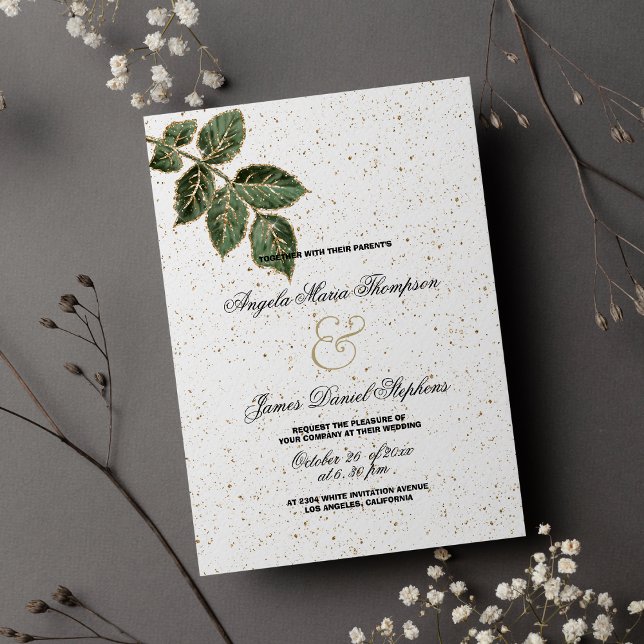 Invitation Mariage de confetti de feuilles d'or blanc vert pa (White green gold glitter leaf confetti wedding)