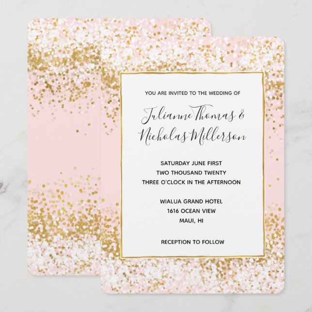 Invitation Mariage de Confetti en or blanc rose vif (Devant / Derrière)