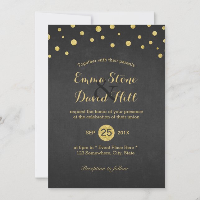 Invitation Mariage de Confetti Noir & Or moderne (Devant)