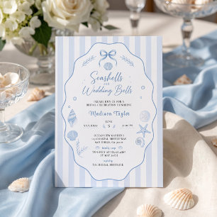 Invitation Mariage de Coquillages avec Ruban Rayé Bleu