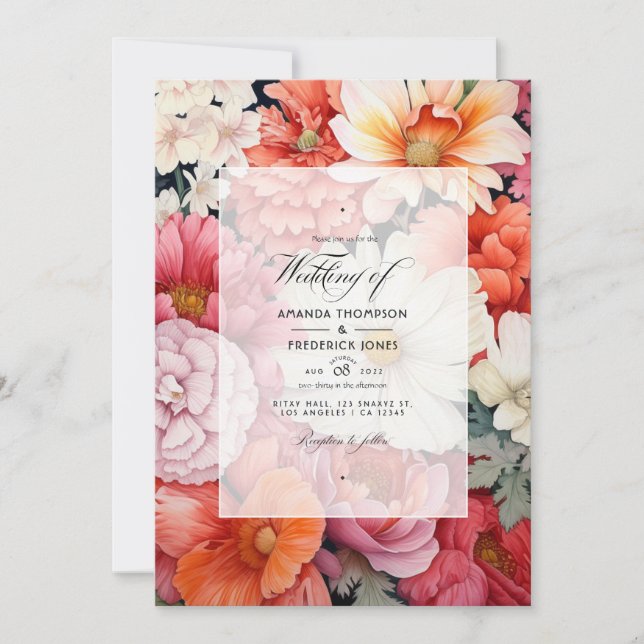 Invitation Mariage de corail et de fleurs blanches (Devant)