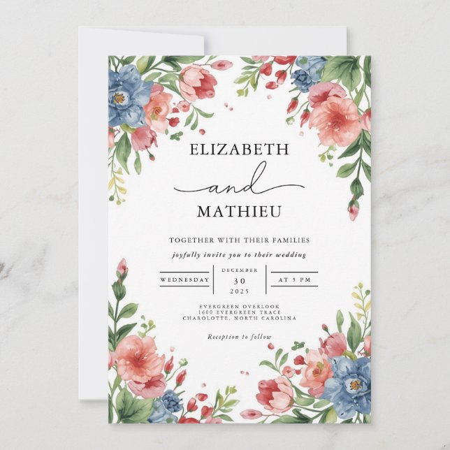 Invitation Mariage de Corail et Jardin Floral Bleu (Devant)