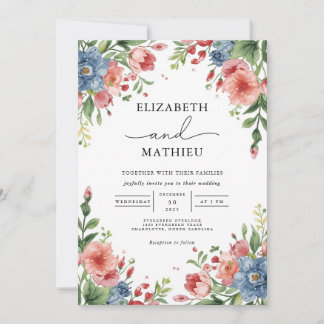 Invitation Mariage de Corail et Jardin Floral Bleu