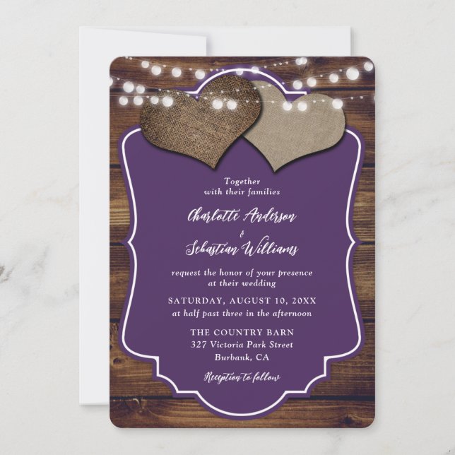 Invitation Mariage de cordes de Burlap en bois violet (Devant)