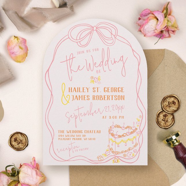 Invitation Mariage de coucher de soleil rose arc dessiné à la (Modern quirky whimsical hand drawn arch pink bow orange sunset colorful unique wedding invitation)