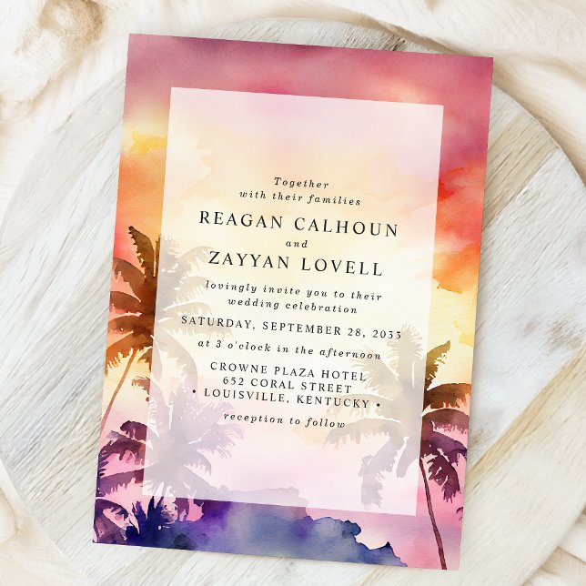 Invitation Mariage de coucher de soleil tropicale aquarelle (Créateur téléchargé)