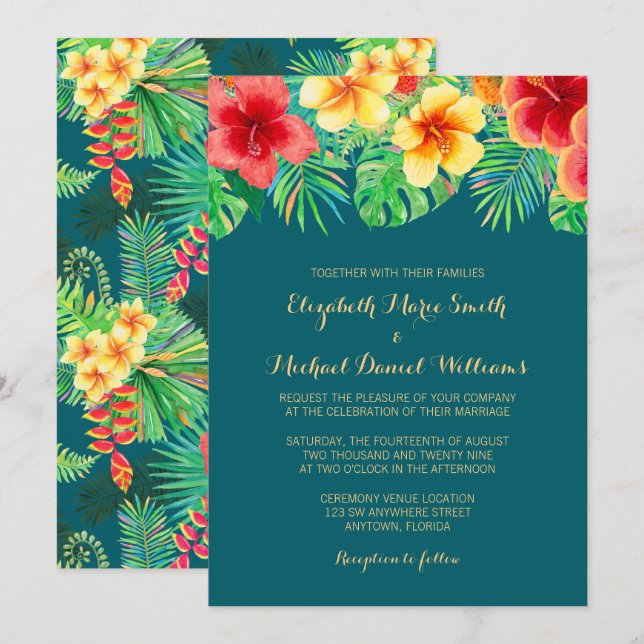Invitation Mariage de couleur d'eau tropicale (Devant / Derrière)