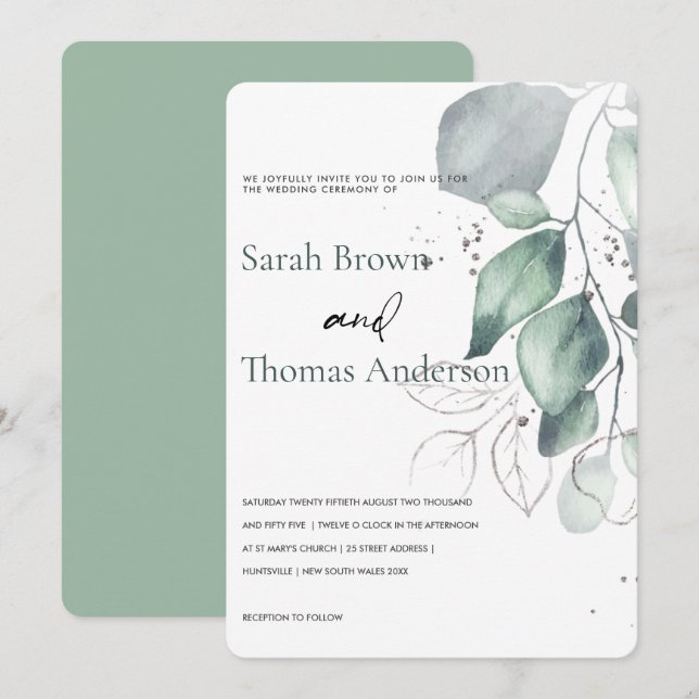 INVITATION MARIAGE DE COULEUR D'EAU VERTE EUCALYPTUS (Devant / Derrière)
