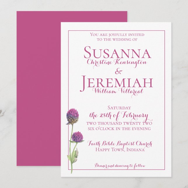 Invitation Mariage de couleur Fleur sauvage rose (Devant / Derrière)