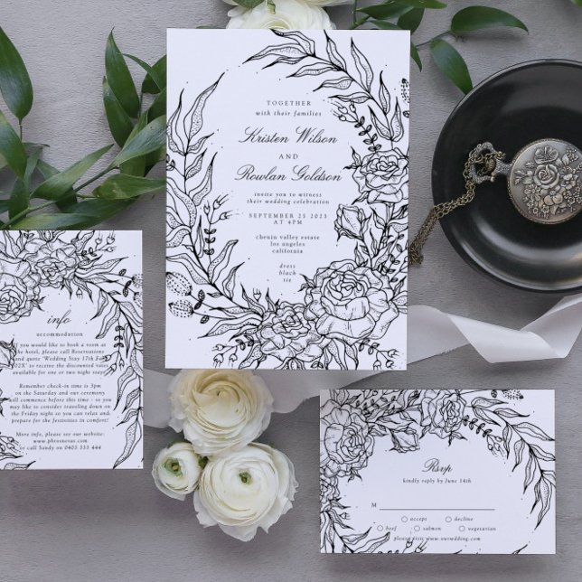 Invitation Mariage de couronne blanc à fleurs noires modifiab (Invitation showcasing suite - additional items (bought separately))