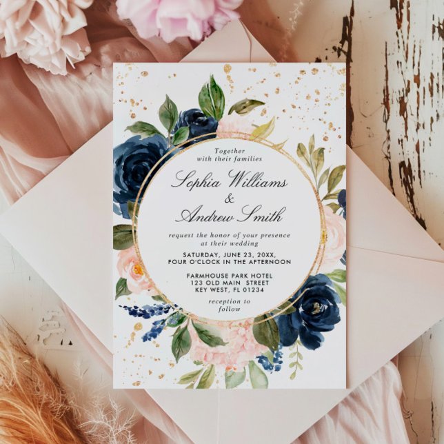 Invitation Mariage de couronne bleu marine et rose pâle (Créateur téléchargé)