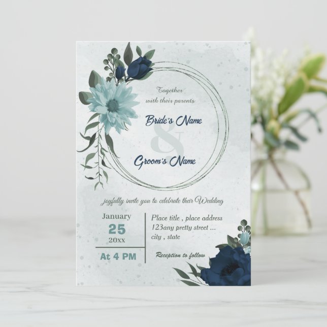 Invitation Mariage de couronne botanique bleu et bleu foncé (Debout devant)