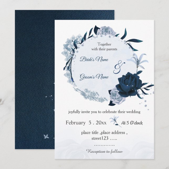 Invitation mariage de couronne botanique marine et bleu pouss (Devant / Derrière)