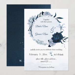 Invitation mariage de couronne botanique marine et bleu pouss