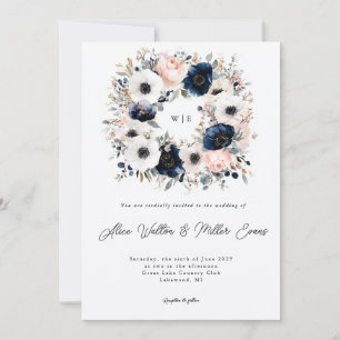 Invitation Mariage de couronne d'anémone bleu, rose et blanc
