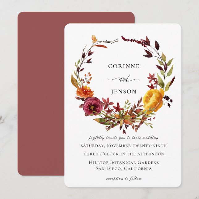 Invitation Mariage de couronne d'automne rustique (Devant / Derrière)