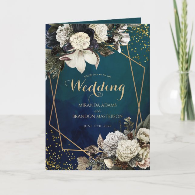 Invitation Mariage de couronne d'or floral romantique (Devant)