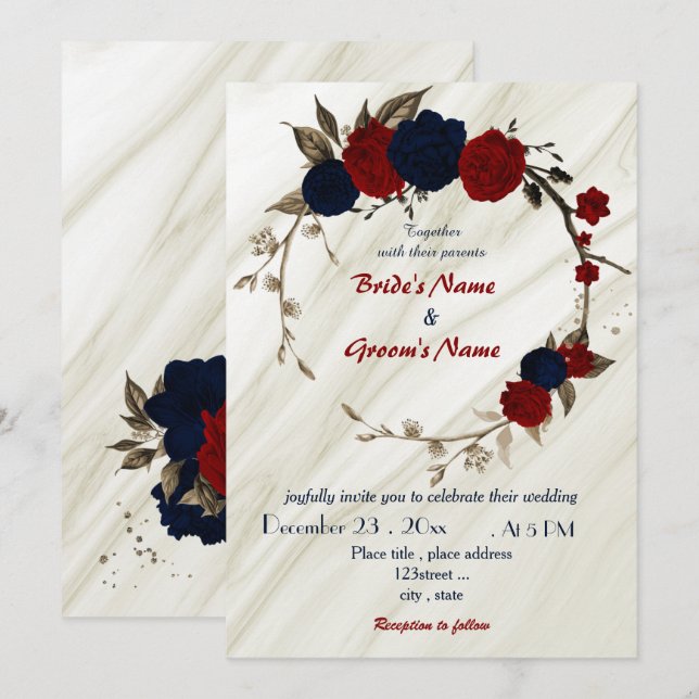Invitation mariage de couronne florale rouge et bleu marine (Devant / Derrière)