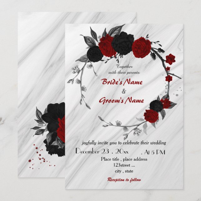 Invitation mariage de couronne florale rouge et noire (Devant / Derrière)