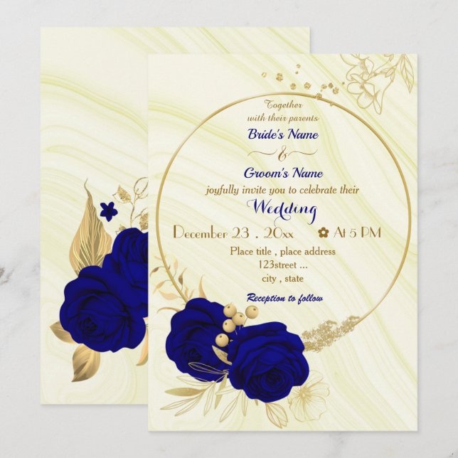 Invitation mariage de couronne or fleurs bleu royal (Devant / Derrière)
