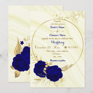 Invitation mariage de couronne or fleurs bleu royal