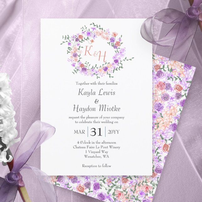 Invitation Mariage de couronne Rose Lilac & Peach (Lilac purple and peach rose wreath, botanical rose garden wedding invitations, round roses vine)